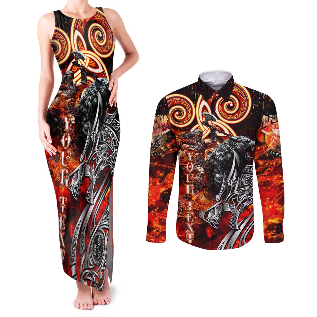 Ulfhednar Wofl Warrior Viking Couples Matching Tank Maxi Dress and Long Sleeve Button Shirt Runes Norse Mythology Fire