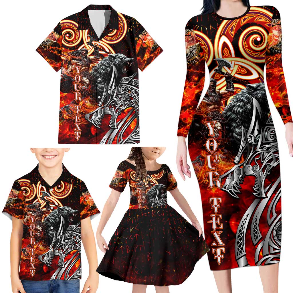 Ulfhednar Wofl Warrior Viking Family Matching Long Sleeve Bodycon Dress and Hawaiian Shirt Runes Norse Mythology Fire