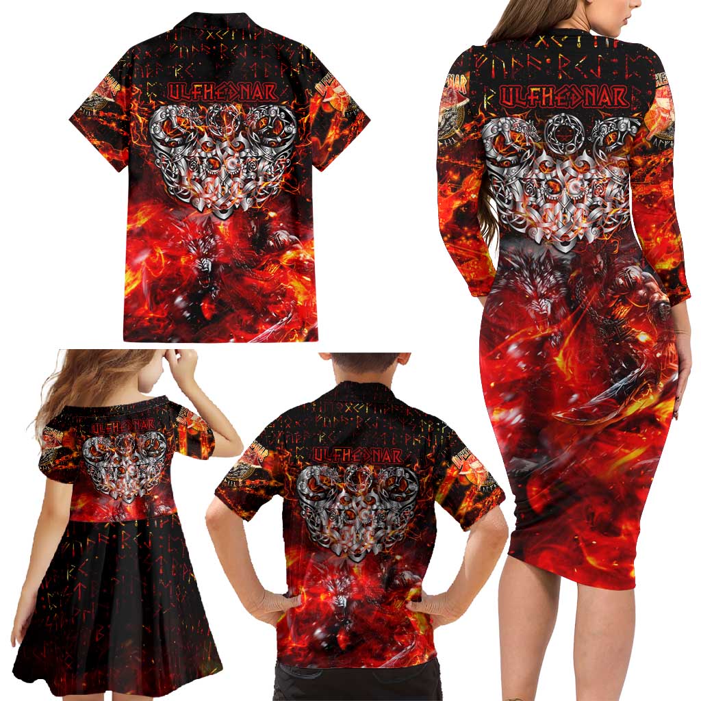 Ulfhednar Wofl Warrior Viking Family Matching Long Sleeve Bodycon Dress and Hawaiian Shirt Runes Norse Mythology Fire