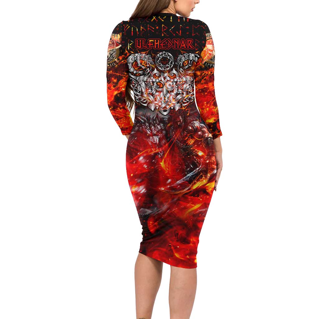 Ulfhednar Wofl Warrior Viking Family Matching Long Sleeve Bodycon Dress and Hawaiian Shirt Runes Norse Mythology Fire