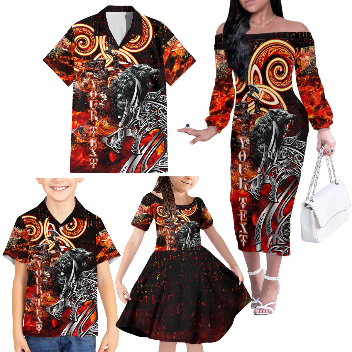 Ulfhednar Wofl Warrior Viking Family Matching Off The Shoulder Long Sleeve Dress and Hawaiian Shirt Runes Norse Mythology Fire