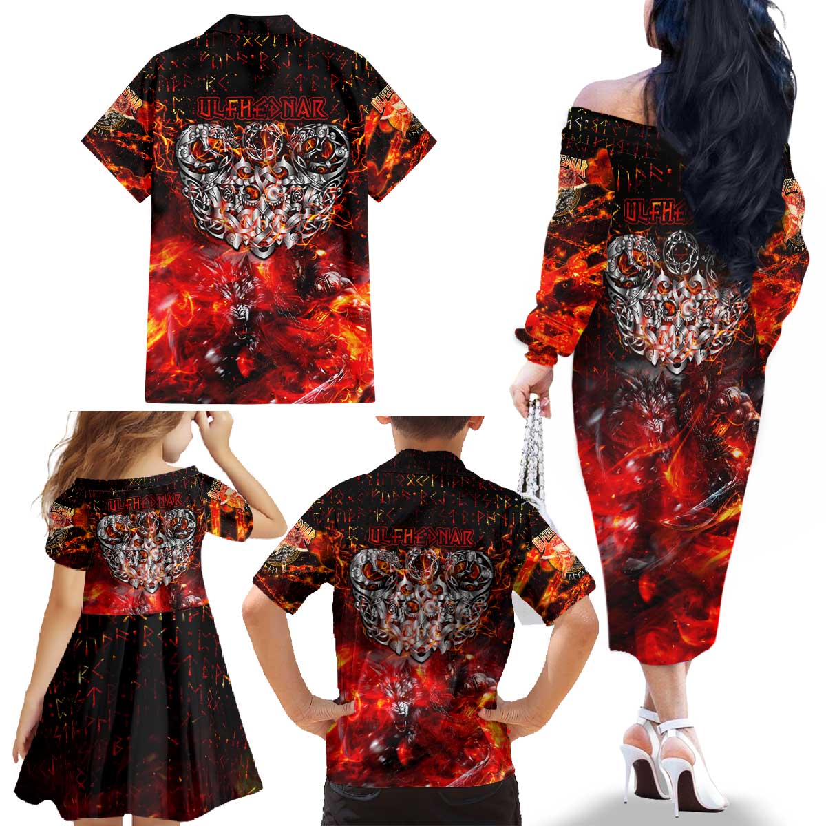 Ulfhednar Wofl Warrior Viking Family Matching Off The Shoulder Long Sleeve Dress and Hawaiian Shirt Runes Norse Mythology Fire
