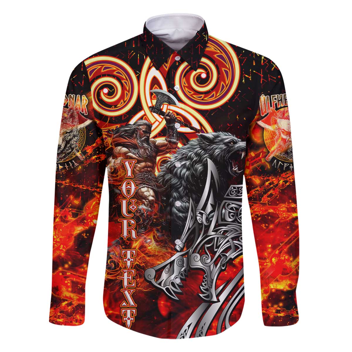 Ulfhednar Wofl Warrior Viking Family Matching Off The Shoulder Long Sleeve Dress and Hawaiian Shirt Runes Norse Mythology Fire