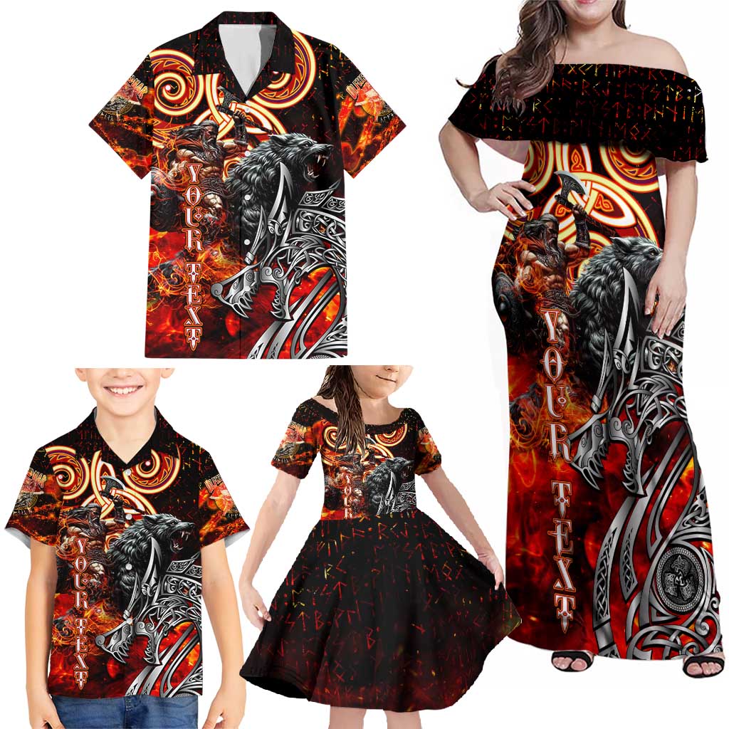 Ulfhednar Wofl Warrior Viking Family Matching Off Shoulder Maxi Dress and Hawaiian Shirt Runes Norse Mythology Fire