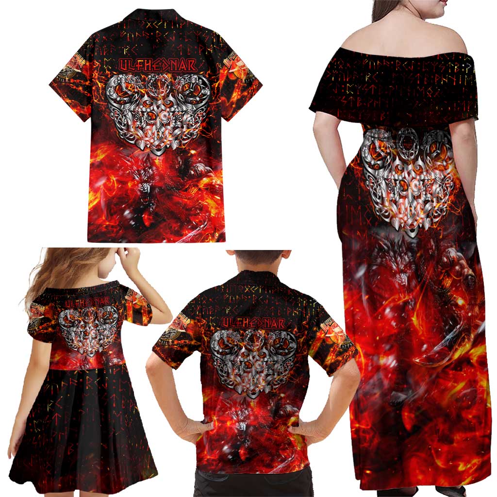 Ulfhednar Wofl Warrior Viking Family Matching Off Shoulder Maxi Dress and Hawaiian Shirt Runes Norse Mythology Fire