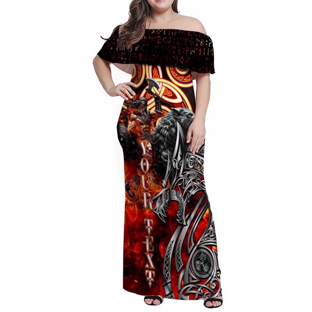 Ulfhednar Wofl Warrior Viking Family Matching Off Shoulder Maxi Dress and Hawaiian Shirt Runes Norse Mythology Fire