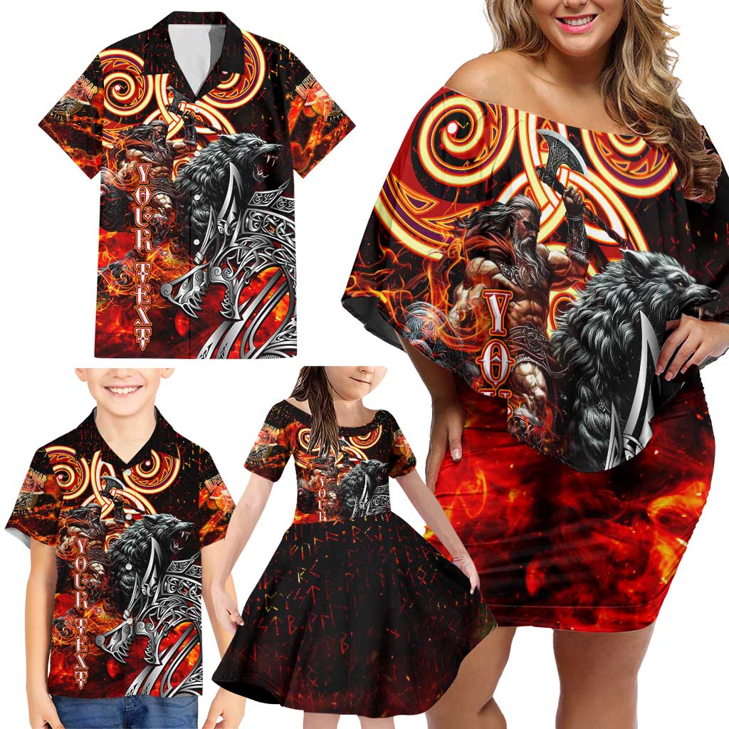 Ulfhednar Wofl Warrior Viking Family Matching Off Shoulder Short Dress and Hawaiian Shirt Runes Norse Mythology Fire