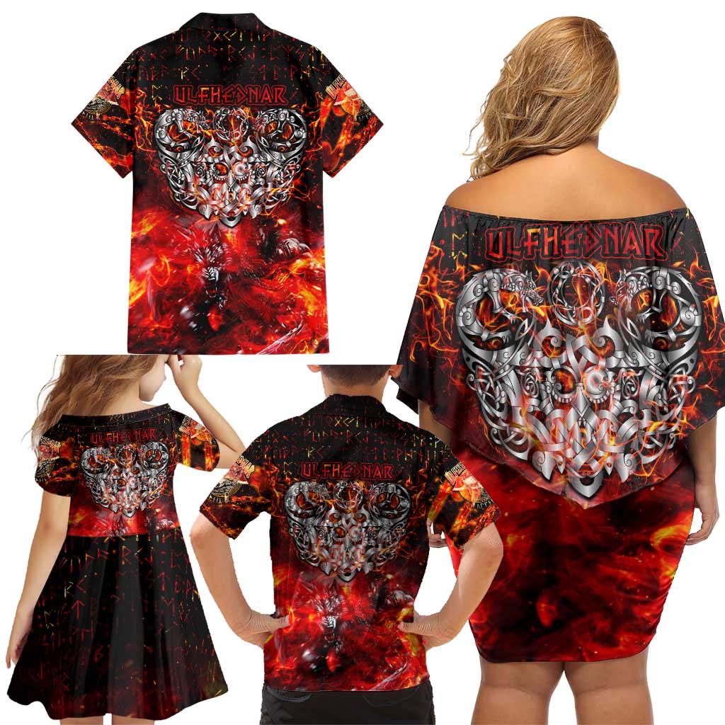 Ulfhednar Wofl Warrior Viking Family Matching Off Shoulder Short Dress and Hawaiian Shirt Runes Norse Mythology Fire
