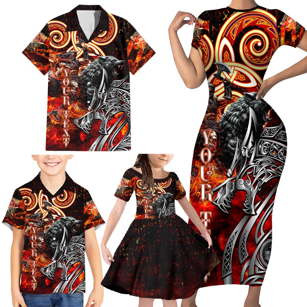 Ulfhednar Wofl Warrior Viking Family Matching Short Sleeve Bodycon Dress and Hawaiian Shirt Runes Norse Mythology Fire
