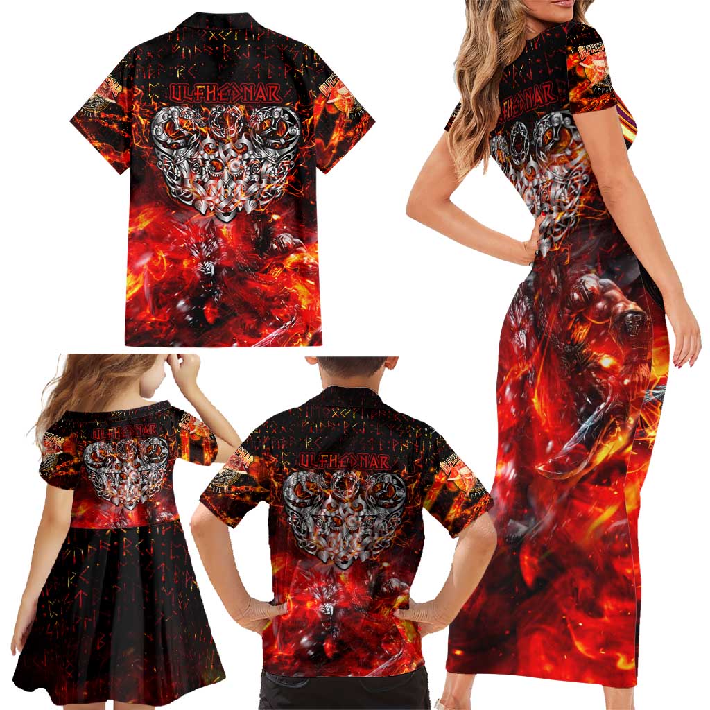 Ulfhednar Wofl Warrior Viking Family Matching Short Sleeve Bodycon Dress and Hawaiian Shirt Runes Norse Mythology Fire