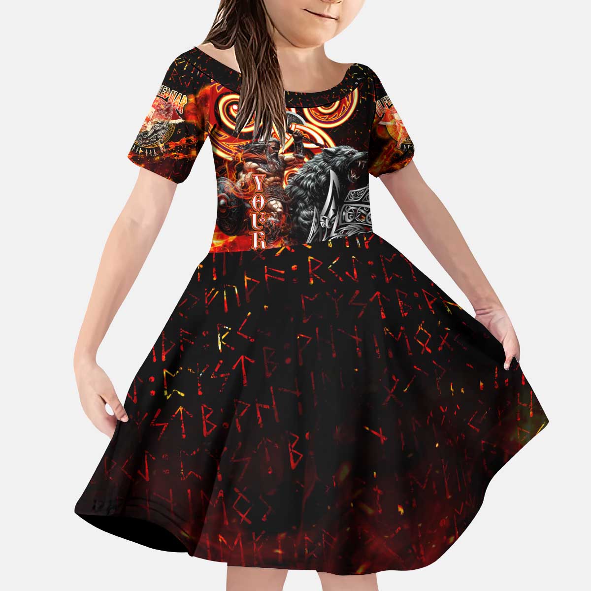 Ulfhednar Wofl Warrior Viking Kid Short Sleeve Dress Runes Norse Mythology Fire