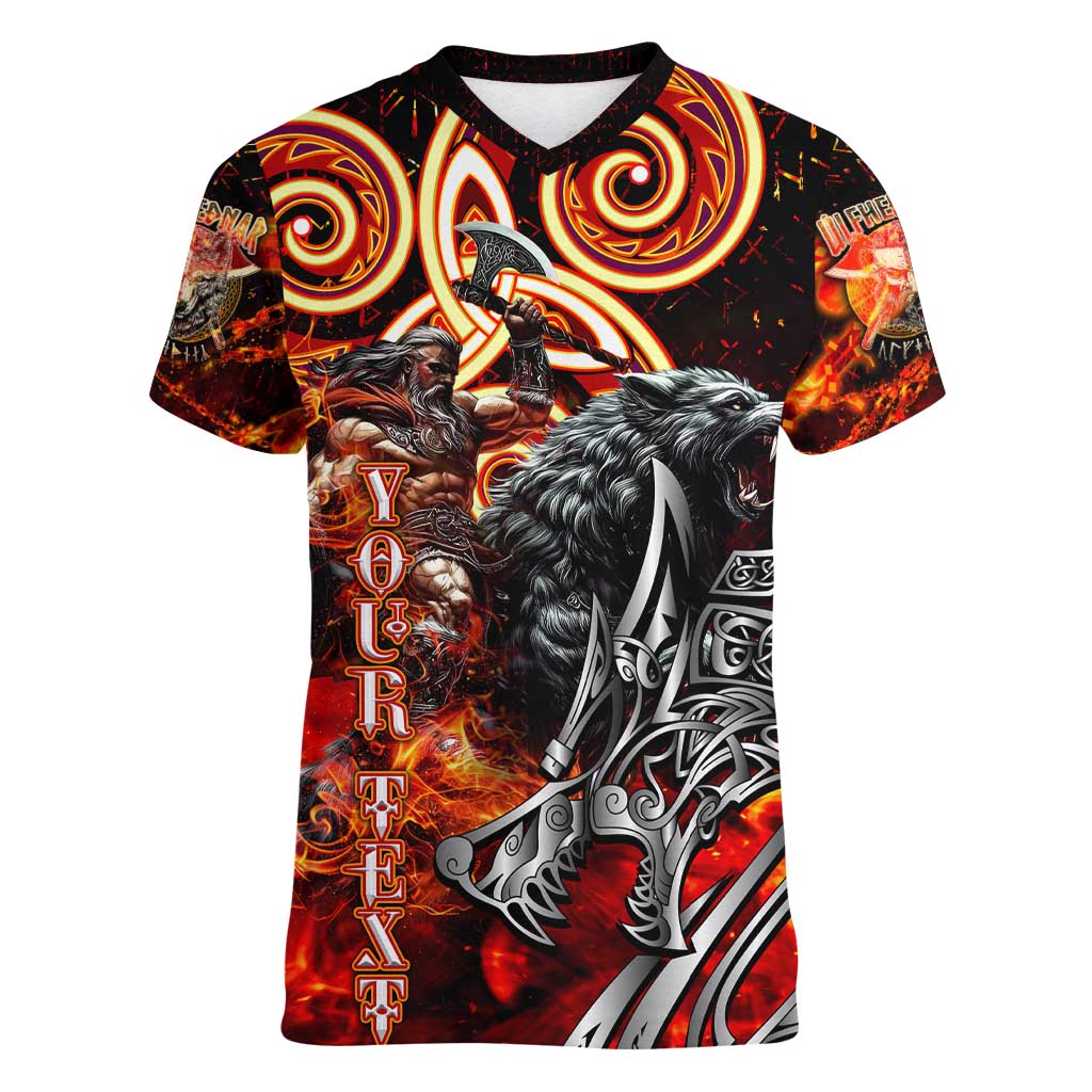 Ulfhednar Wofl Warrior Viking Women V-Neck T-Shirt Runes Norse Mythology Fire
