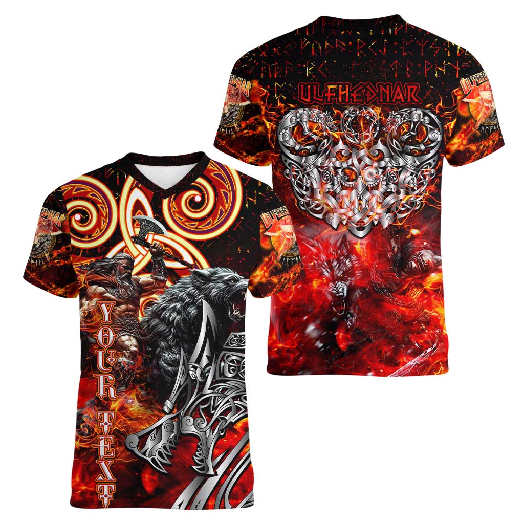 Ulfhednar Wofl Warrior Viking Women V-Neck T-Shirt Runes Norse Mythology Fire