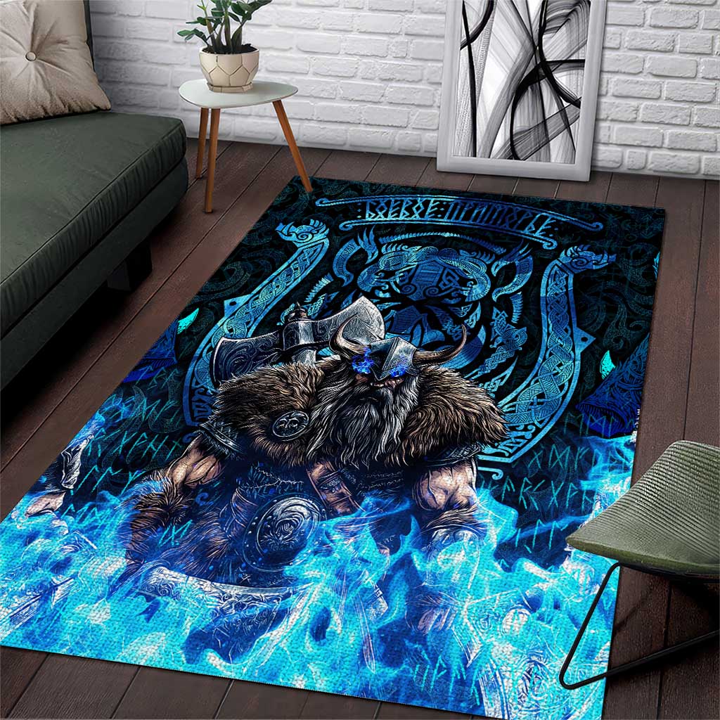 Jofurr Boar Warrior Viking Area Rug Frost Viking Runes Blue Flame