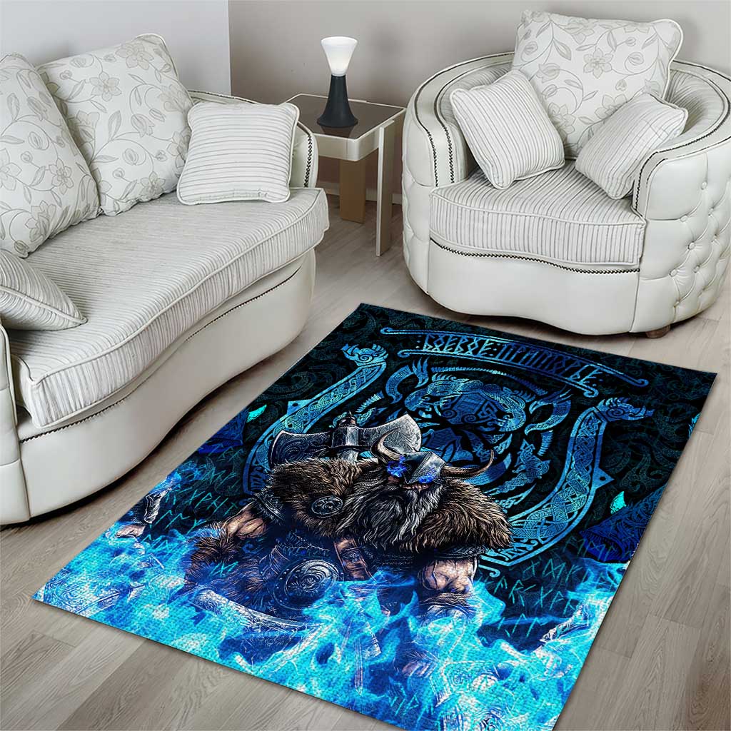 Jofurr Boar Warrior Viking Area Rug Frost Viking Runes Blue Flame