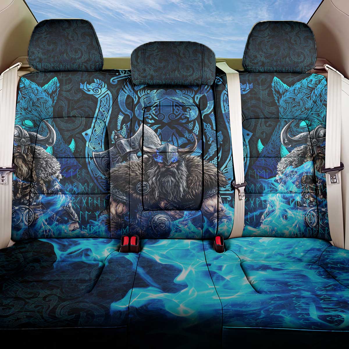 Jofurr Boar Warrior Viking Back Car Seat Cover Frost Viking Runes Blue Flame