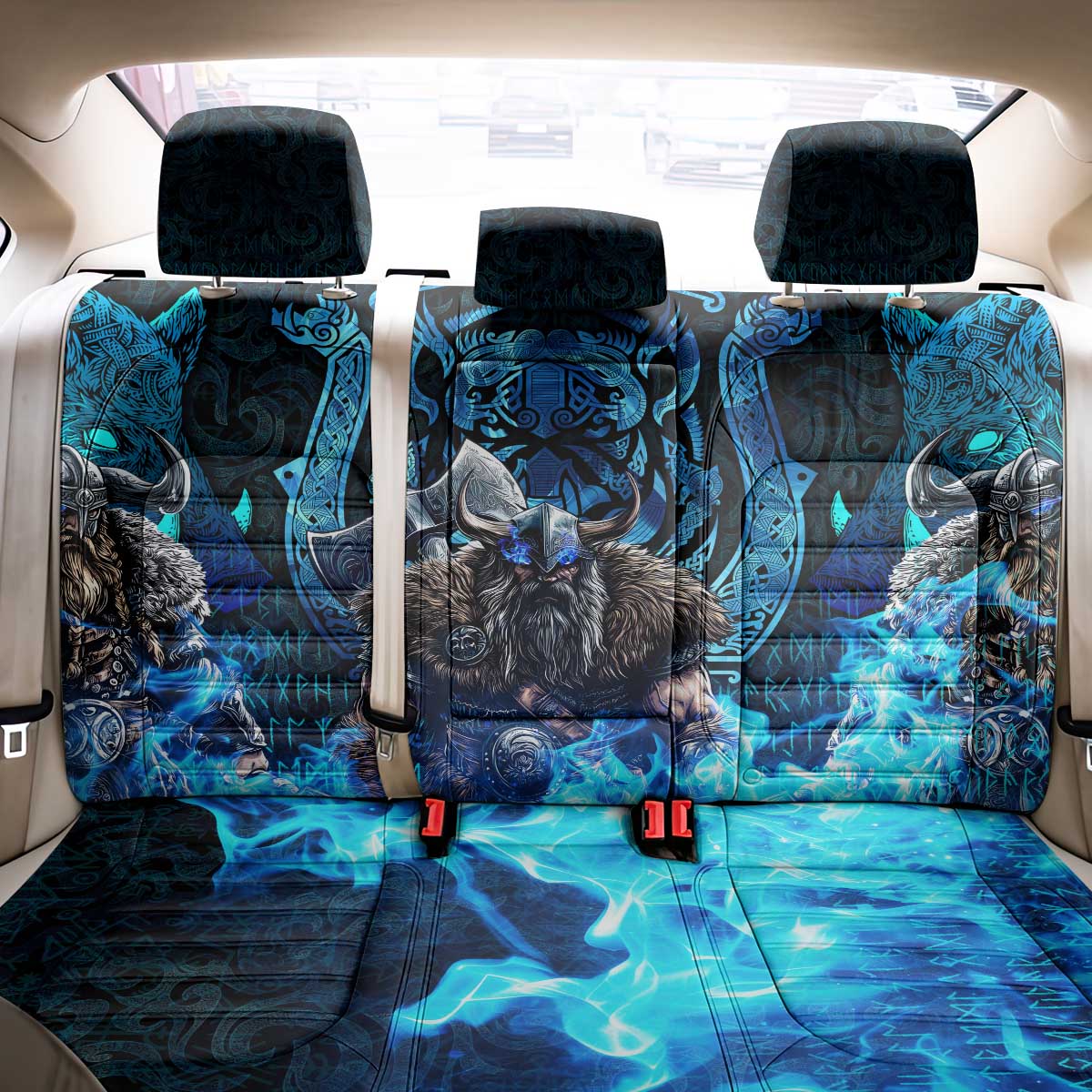 Jofurr Boar Warrior Viking Back Car Seat Cover Frost Viking Runes Blue Flame