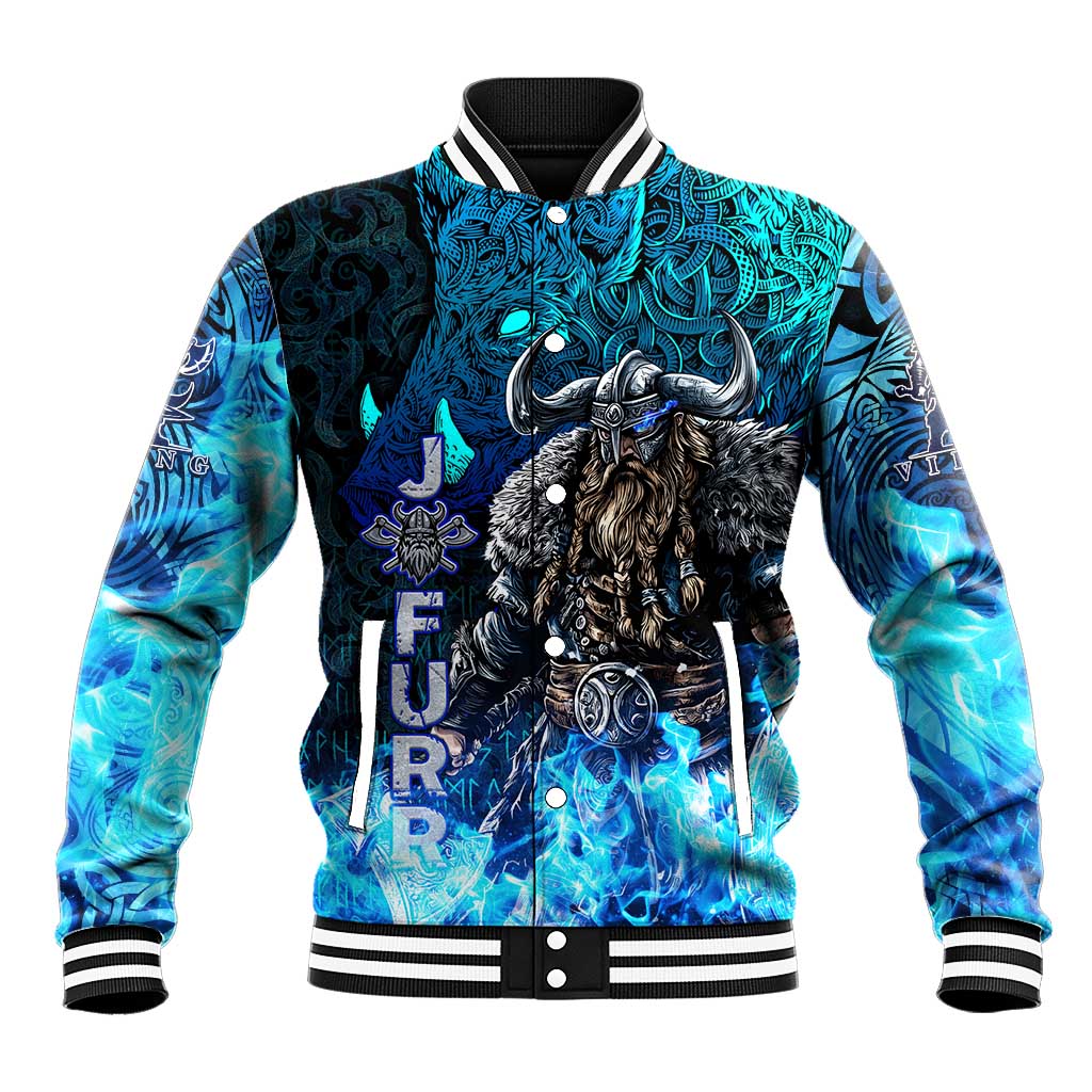 Jofurr Boar Warrior Viking Baseball Jacket Frost Viking Runes Blue Flame