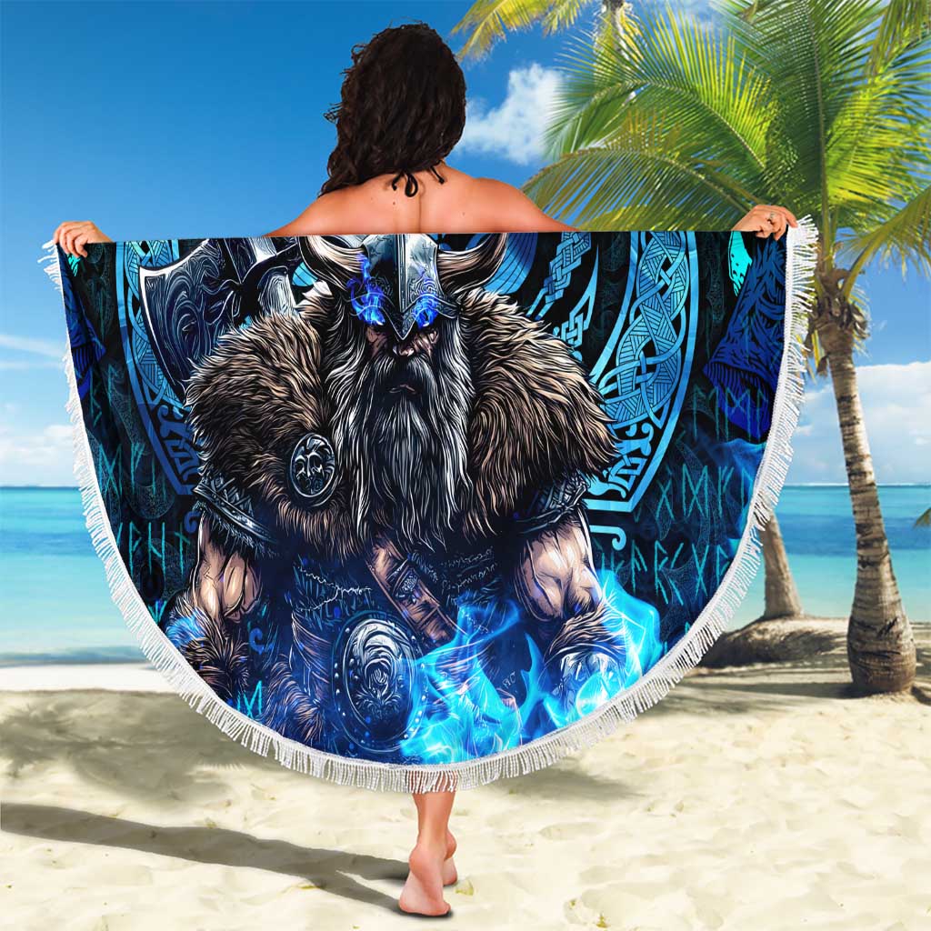 Jofurr Boar Warrior Viking Beach Blanket Frost Viking Runes Blue Flame