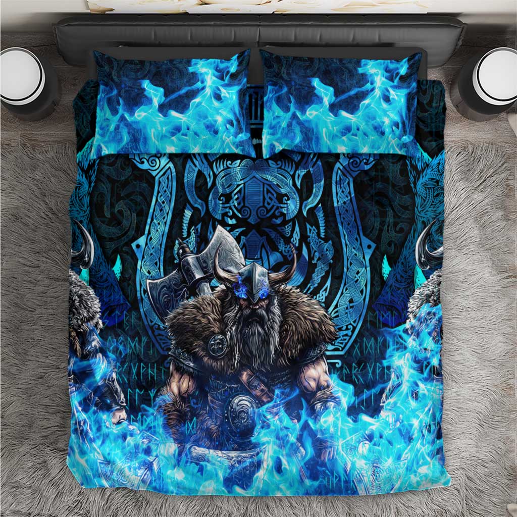 Jofurr Boar Warrior Viking Bedding Set Frost Viking Runes Blue Flame