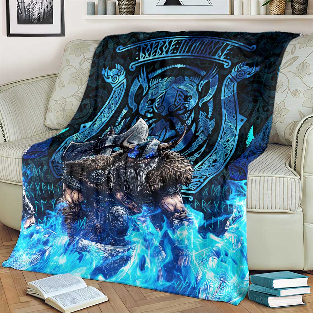 Jofurr Boar Warrior Viking Blanket Frost Viking Runes Blue Flame
