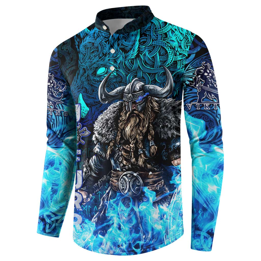 Jofurr Boar Warrior Viking Button Sweatshirt Frost Viking Runes Blue Flame