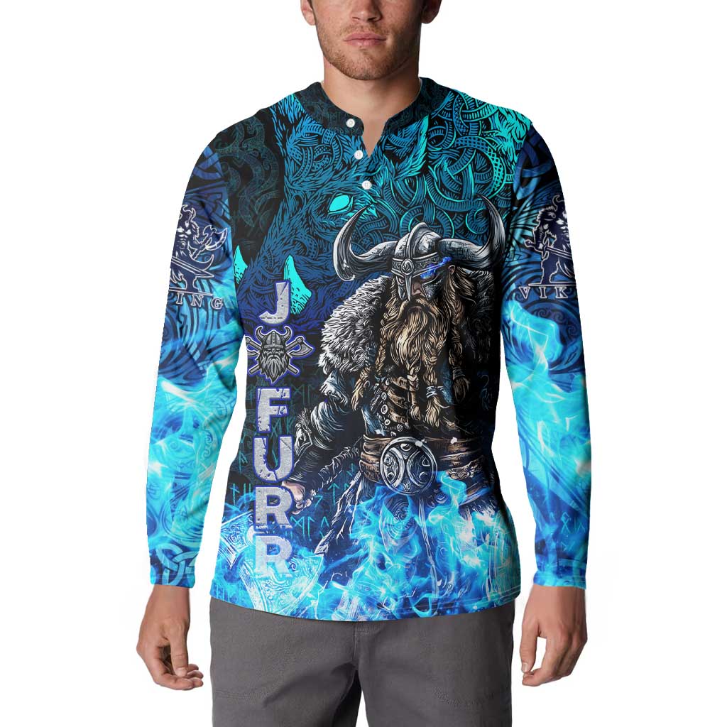 Jofurr Boar Warrior Viking Button Sweatshirt Frost Viking Runes Blue Flame