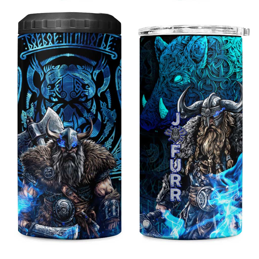 Jofurr Boar Warrior Viking 4 in 1 Can Cooler Tumbler Frost Viking Runes Blue Flame