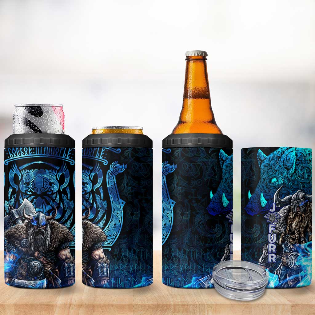 Jofurr Boar Warrior Viking 4 in 1 Can Cooler Tumbler Frost Viking Runes Blue Flame