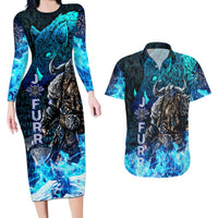 Jofurr Boar Warrior Viking Couples Matching Long Sleeve Bodycon Dress and Hawaiian Shirt Frost Viking Runes Blue Flame
