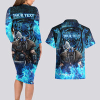 Jofurr Boar Warrior Viking Couples Matching Long Sleeve Bodycon Dress and Hawaiian Shirt Frost Viking Runes Blue Flame