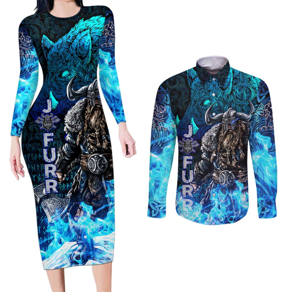 Jofurr Boar Warrior Viking Couples Matching Long Sleeve Bodycon Dress and Long Sleeve Button Shirt Frost Viking Runes Blue Flame