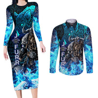 Jofurr Boar Warrior Viking Couples Matching Long Sleeve Bodycon Dress and Long Sleeve Button Shirt Frost Viking Runes Blue Flame