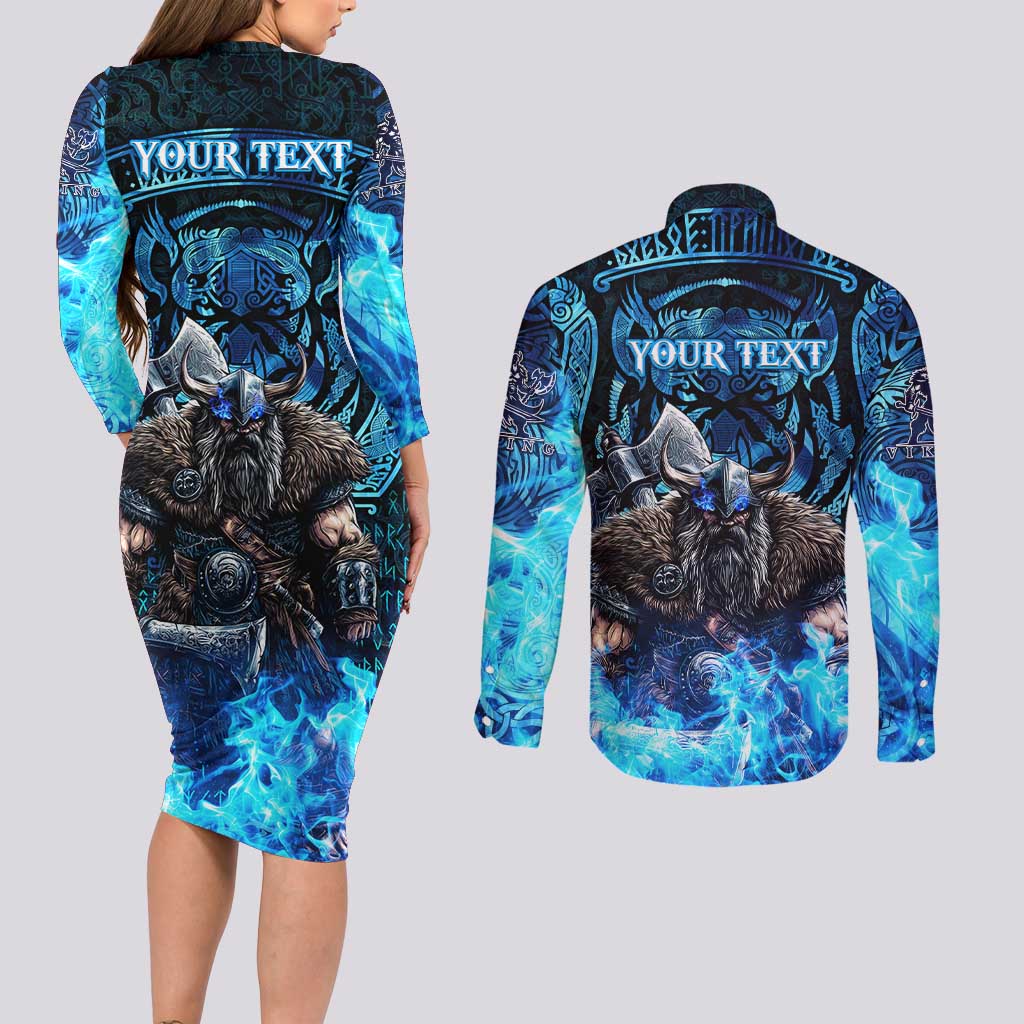 Jofurr Boar Warrior Viking Couples Matching Long Sleeve Bodycon Dress and Long Sleeve Button Shirt Frost Viking Runes Blue Flame