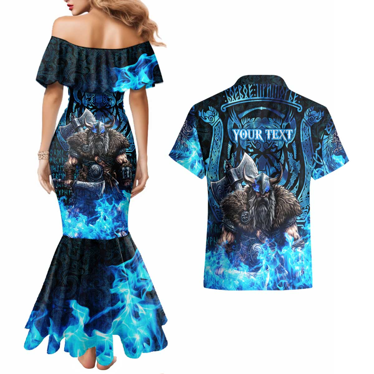 Jofurr Boar Warrior Viking Couples Matching Mermaid Dress and Hawaiian Shirt Frost Viking Runes Blue Flame