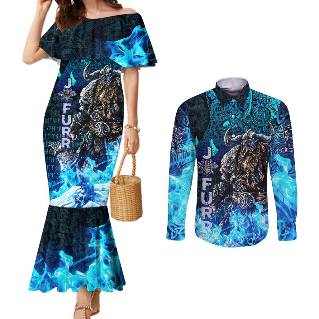 Jofurr Boar Warrior Viking Couples Matching Mermaid Dress and Long Sleeve Button Shirt Frost Viking Runes Blue Flame