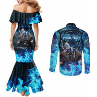 Jofurr Boar Warrior Viking Couples Matching Mermaid Dress and Long Sleeve Button Shirt Frost Viking Runes Blue Flame