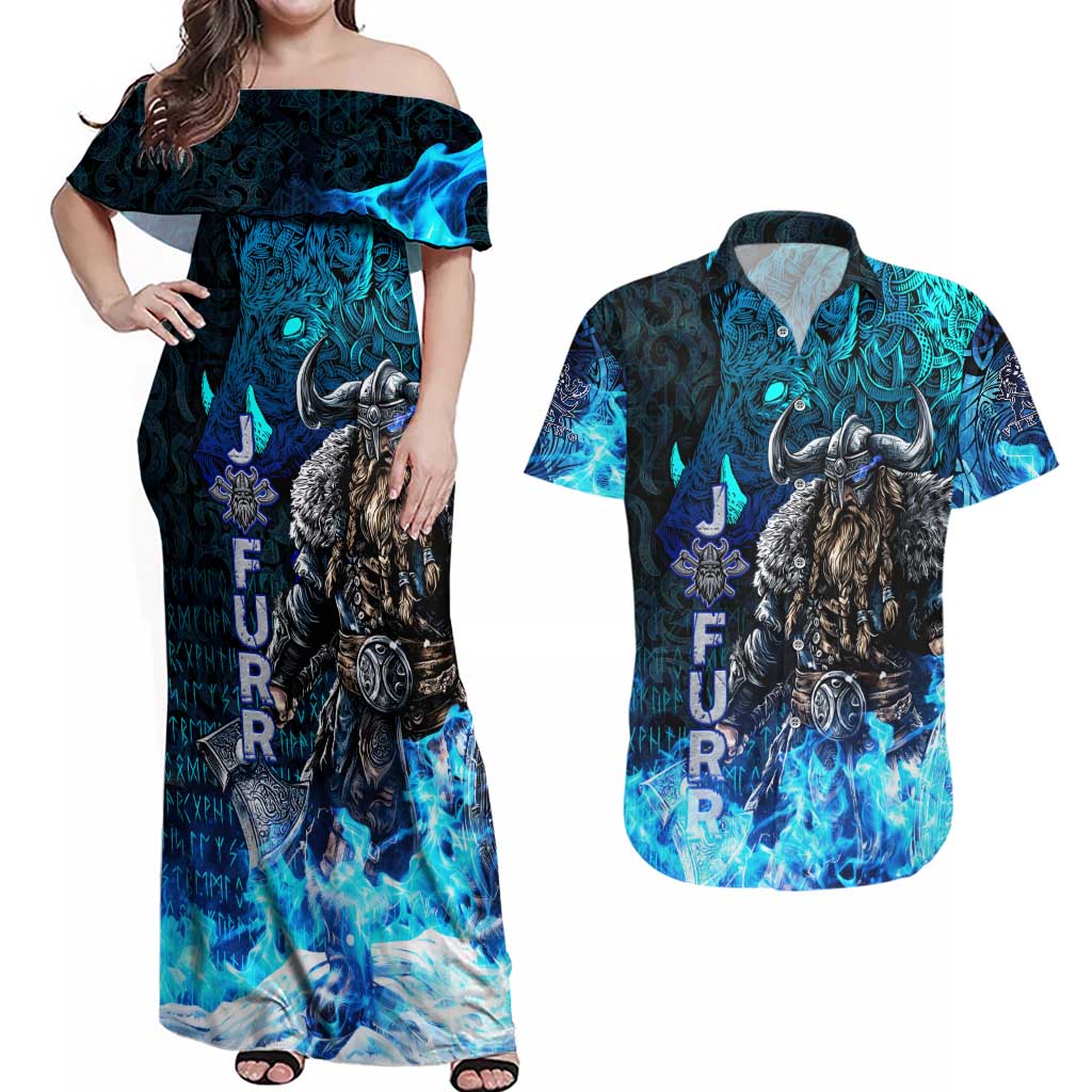 Jofurr Boar Warrior Viking Couples Matching Off Shoulder Maxi Dress and Hawaiian Shirt Frost Viking Runes Blue Flame