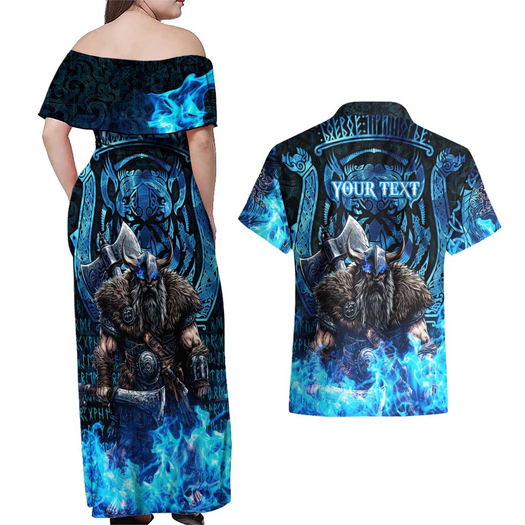 Jofurr Boar Warrior Viking Couples Matching Off Shoulder Maxi Dress and Hawaiian Shirt Frost Viking Runes Blue Flame