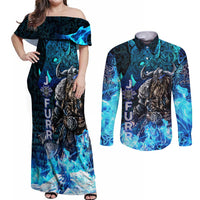Jofurr Boar Warrior Viking Couples Matching Off Shoulder Maxi Dress and Long Sleeve Button Shirt Frost Viking Runes Blue Flame