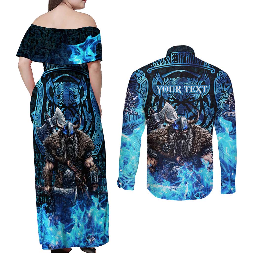 Jofurr Boar Warrior Viking Couples Matching Off Shoulder Maxi Dress and Long Sleeve Button Shirt Frost Viking Runes Blue Flame