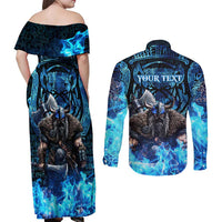 Jofurr Boar Warrior Viking Couples Matching Off Shoulder Maxi Dress and Long Sleeve Button Shirt Frost Viking Runes Blue Flame