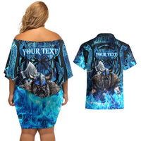 Jofurr Boar Warrior Viking Couples Matching Off Shoulder Short Dress and Hawaiian Shirt Frost Viking Runes Blue Flame