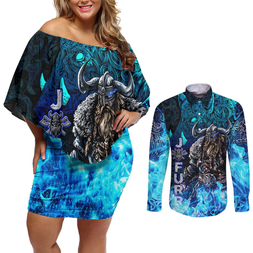 Jofurr Boar Warrior Viking Couples Matching Off Shoulder Short Dress and Long Sleeve Button Shirt Frost Viking Runes Blue Flame