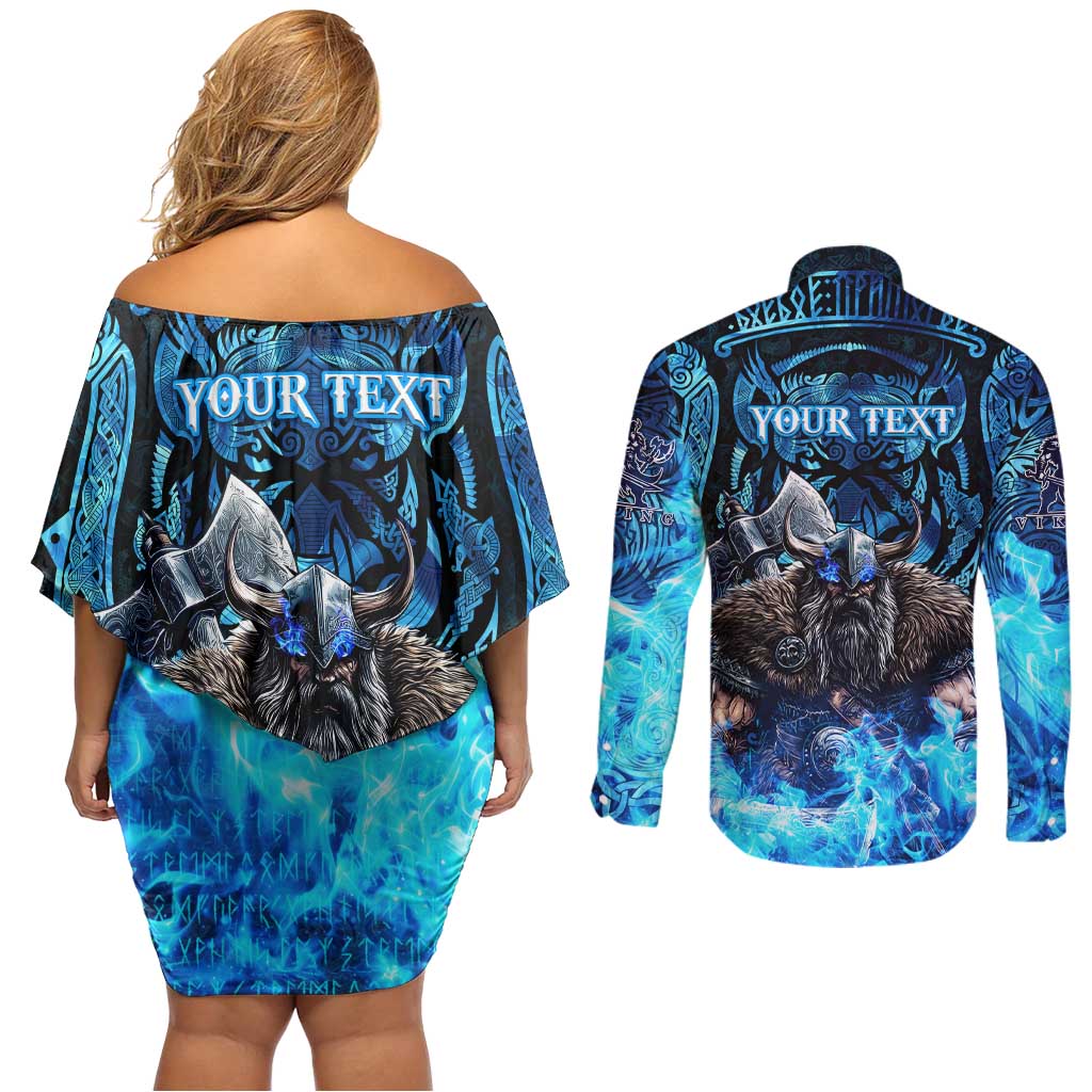 Jofurr Boar Warrior Viking Couples Matching Off Shoulder Short Dress and Long Sleeve Button Shirt Frost Viking Runes Blue Flame
