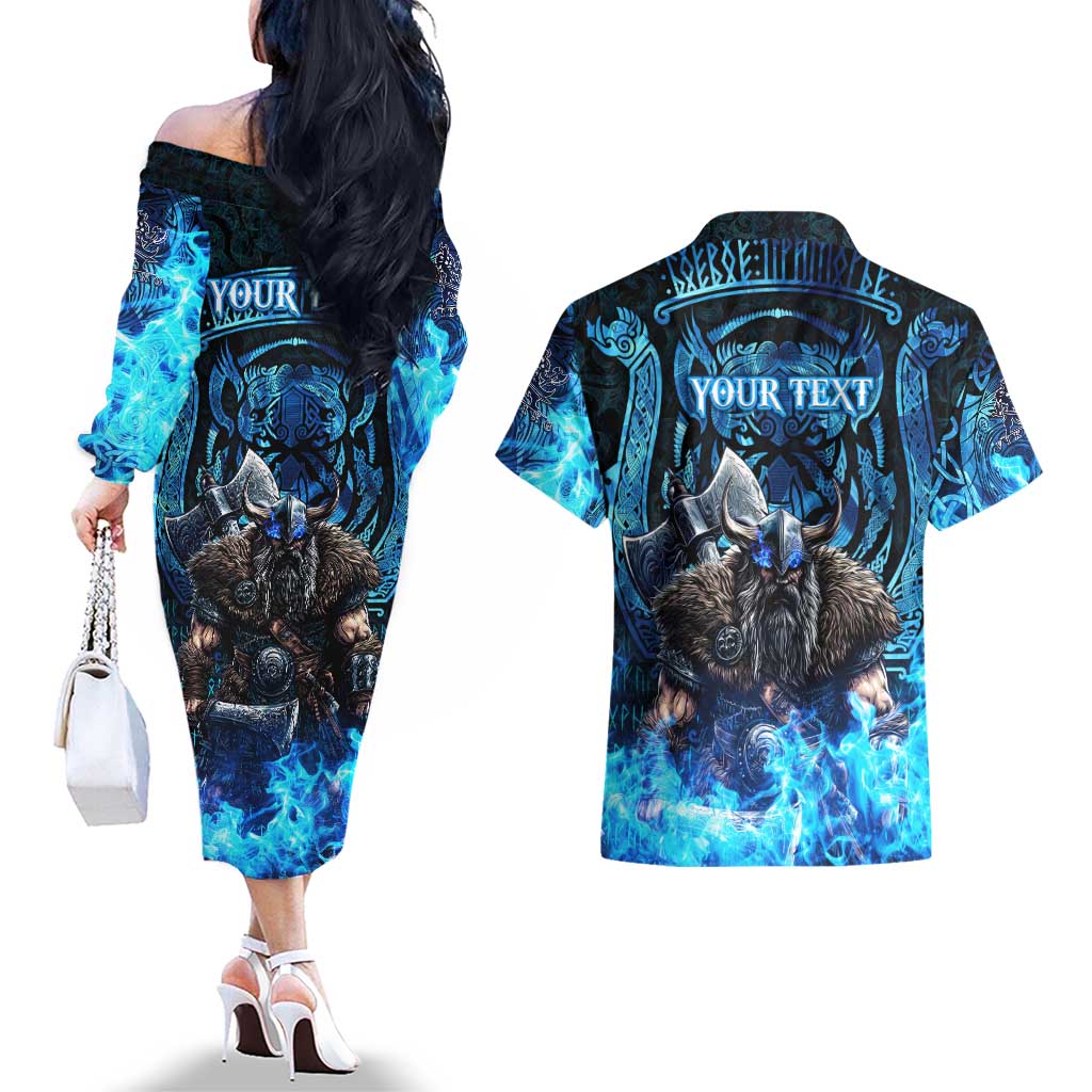 Jofurr Boar Warrior Viking Couples Matching Off The Shoulder Long Sleeve Dress and Hawaiian Shirt Frost Viking Runes Blue Flame