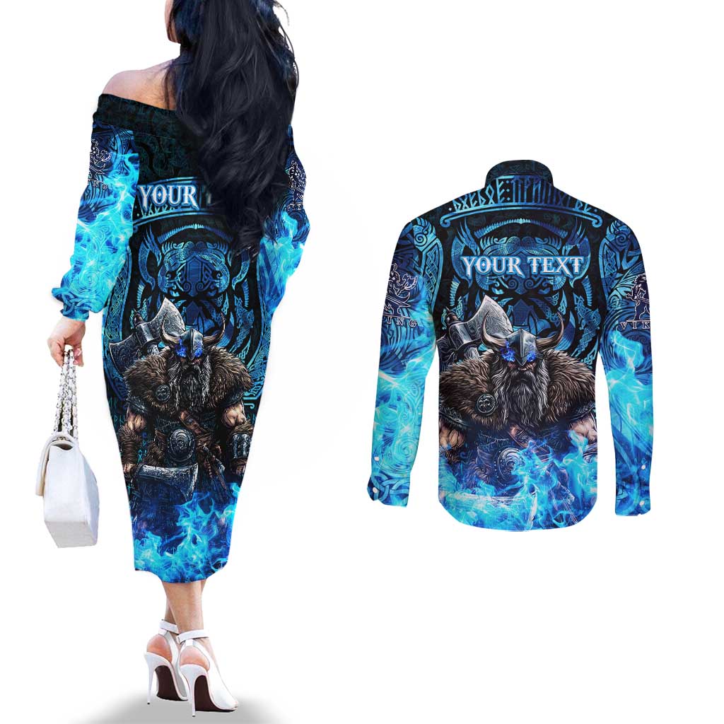 Jofurr Boar Warrior Viking Couples Matching Off The Shoulder Long Sleeve Dress and Long Sleeve Button Shirt Frost Viking Runes Blue Flame