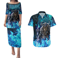 Jofurr Boar Warrior Viking Couples Matching Puletasi and Hawaiian Shirt Frost Viking Runes Blue Flame