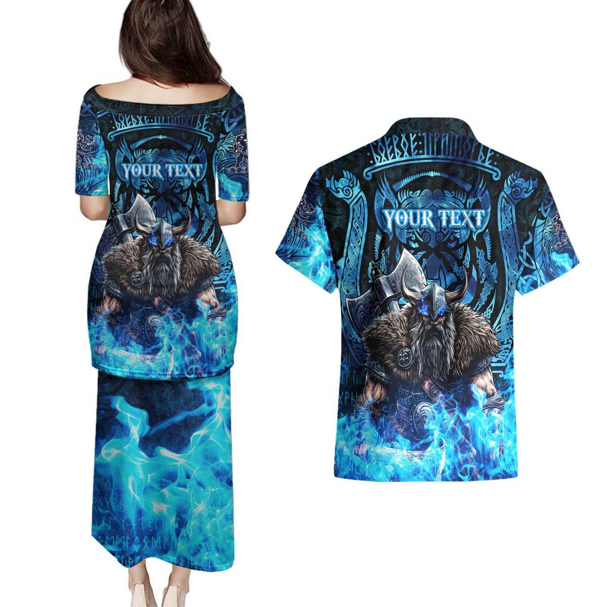 Jofurr Boar Warrior Viking Couples Matching Puletasi and Hawaiian Shirt Frost Viking Runes Blue Flame