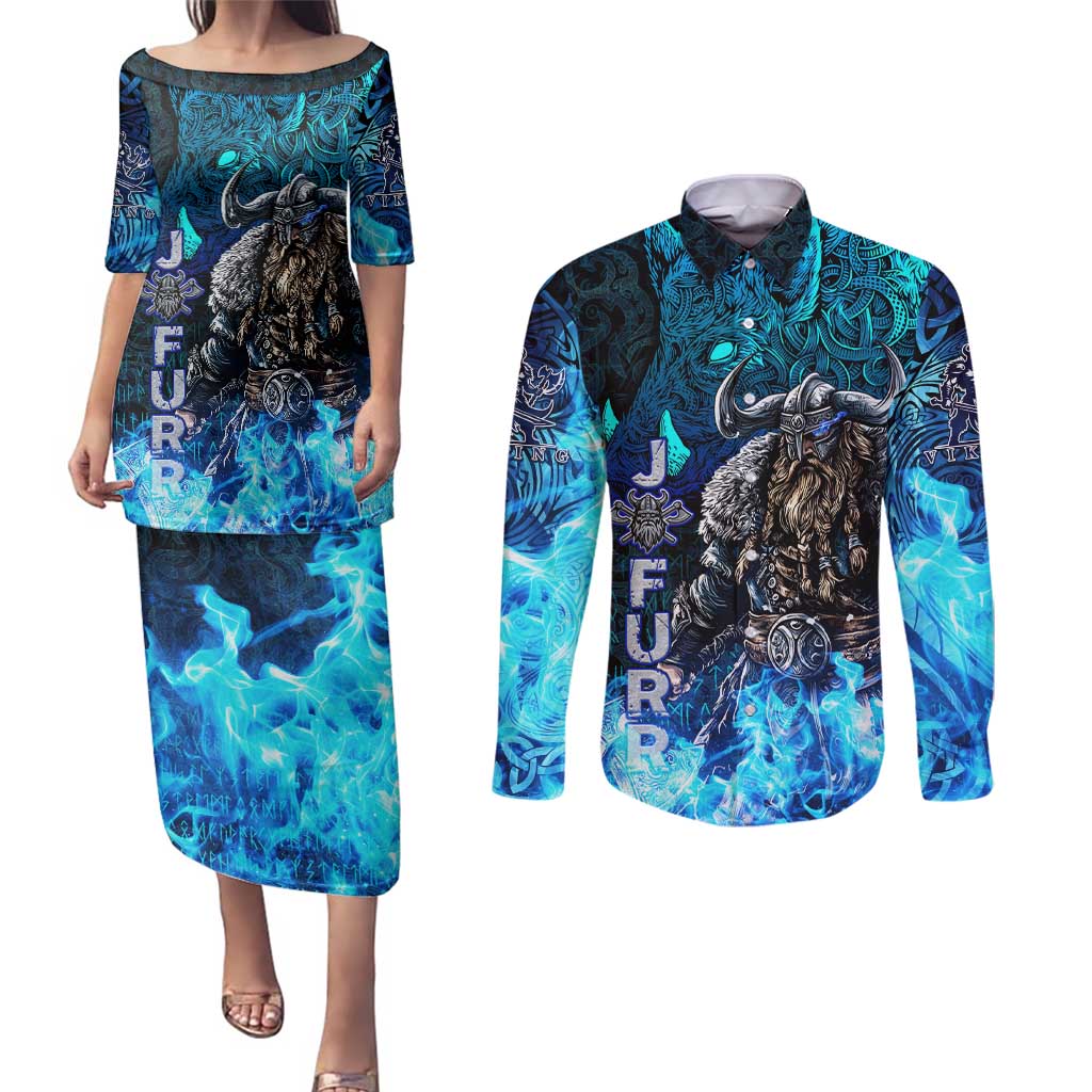 Jofurr Boar Warrior Viking Couples Matching Puletasi and Long Sleeve Button Shirt Frost Viking Runes Blue Flame
